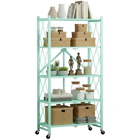 5 Tier Foldable Storage Shelves with Wheels, 28"Lx13"Dx63"H Rolling Shelves, Freestanding Wire Kitchen Rack, No Assembly Rack for Garage Kitchen, Basement, Pantry(Green)