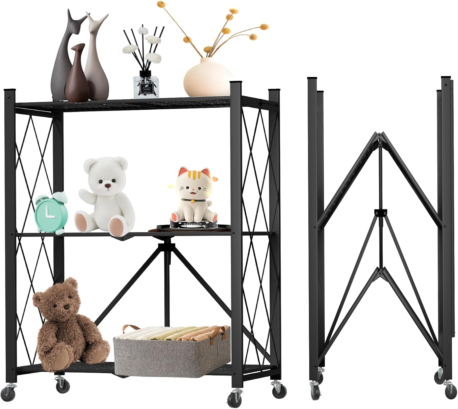 5-Tier Foldable Storage Shelves with Wheels Folding Metal Shelf Unit ...