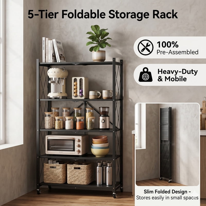 5-Tier Foldable Storage Shelves with Wheels, Heavy Duty Metal Shelving Unit, No Assembly Collapsible Wire Rack Organizer for Kitchen, Garage, Laundry Room, Pantry, Black