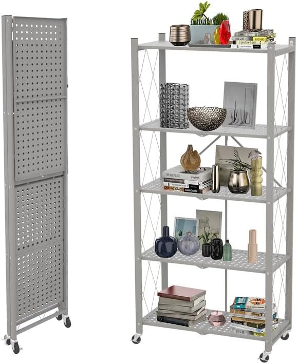 5Tier Foldable Storage Shelves with Wheels No Assembly Metal Folding