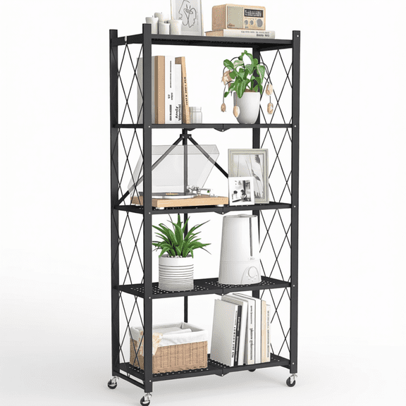 5-Tier Folding Metal Storage Shelves with Wheels, 750 lb Capacity, Adjustable Heavy-Duty Organizer Rack for Garage, Pantry, and Warehouse