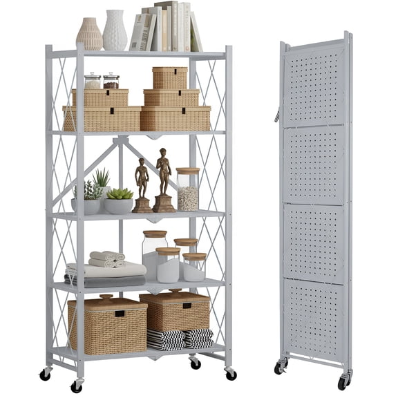5 Tier Folding Shelves, 28"Lx13"Dx63"H Rolling Kitchen Rack, Freestanding Wire Metal Foldable Rack, No Assembly Shelving Unit for Garage Basement Pantry(Gray)