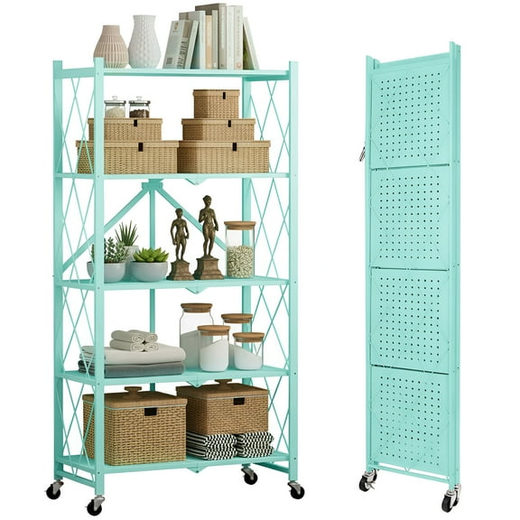 5 Tier Folding Shelves with Wheels, 28"Lx13"Dx63"H Metal Foldable Shelves for Storage, Freestanding Wire Kitchen Rack, No Assembly Rolling Rack for Garage Basement Pantry(Green)