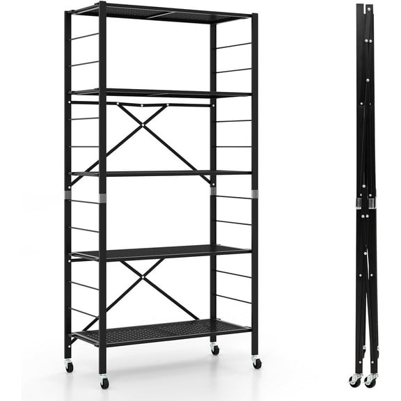5-Tier Folding Storage Shelf, Adjustable Shelves with Wheels, Detachable Shelving Unit, Large Capacity, Storage Rack for Garage, Kitchen, Balcony, Living Room, Black