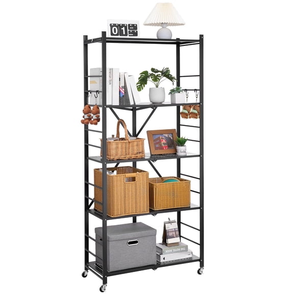 5-Tier Folding Storage Shelf with Wheels - No Assembly Metal Organizer Rack - Heavy Duty Black Utility Shelf for Pantry, Garage, Closet & Office - 36" Tall Space Saving Design
