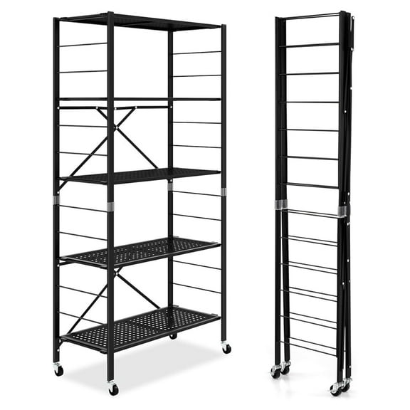 5-Tier Folding Storage Shelves with Wheels, 60 Tall Adjustable Metal Shelving Unit, Collapsible Organizer Rack, Freestanding Open Display Shelving Rack for Garage, Kitchen, Easy Assembly (1)