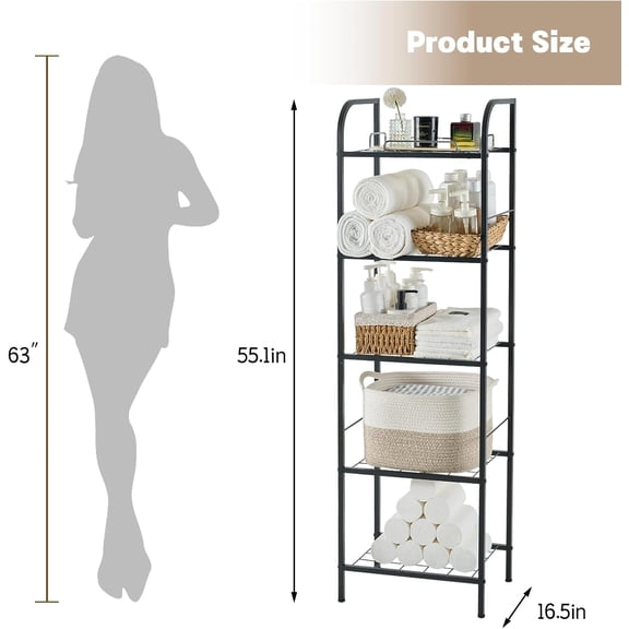 5-Tier Free Standing Towel Rack for Bathroom, Metal Organizer with Adjustable Feet