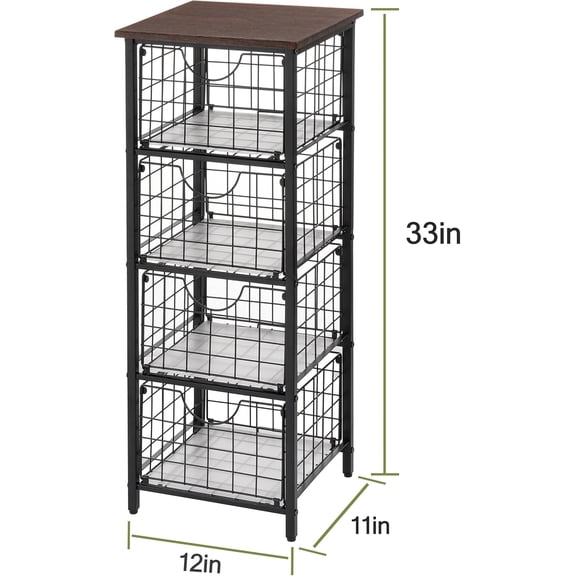 5-Tier FreeStanding Storage Shelves with 4 Pull-Out Baskets, Bathroom Organizer with Wood Top, Fruit Basket for Kitchen, Black