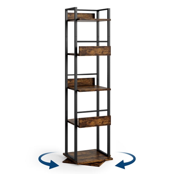 5-Tier Freestanding Corner Bookshelf, 360° Rotating Tall Narrow Storage Rack with Guardrail, Sturdy Industrial Style Book Organizer for Living Room Bedroom Study Office Balcony, Rustic Brown