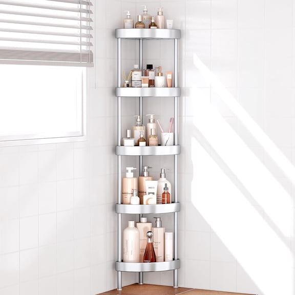 5 Tier Freestanding Corner Shower Caddy, Rustproof Anodized Aluminum Shower Stand with Adjustable Legs, Ventilated Draining Shelves, Tool-Free Assembly for Bathroom Shower Storage, Silver