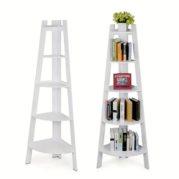 5-Tier Freestanding Corner Storage Shelf with White Modern Design, Space-Saving Multi-Purpose Shelving Unit for Living Room, Bedroom, Kitchen, Study, Balcony