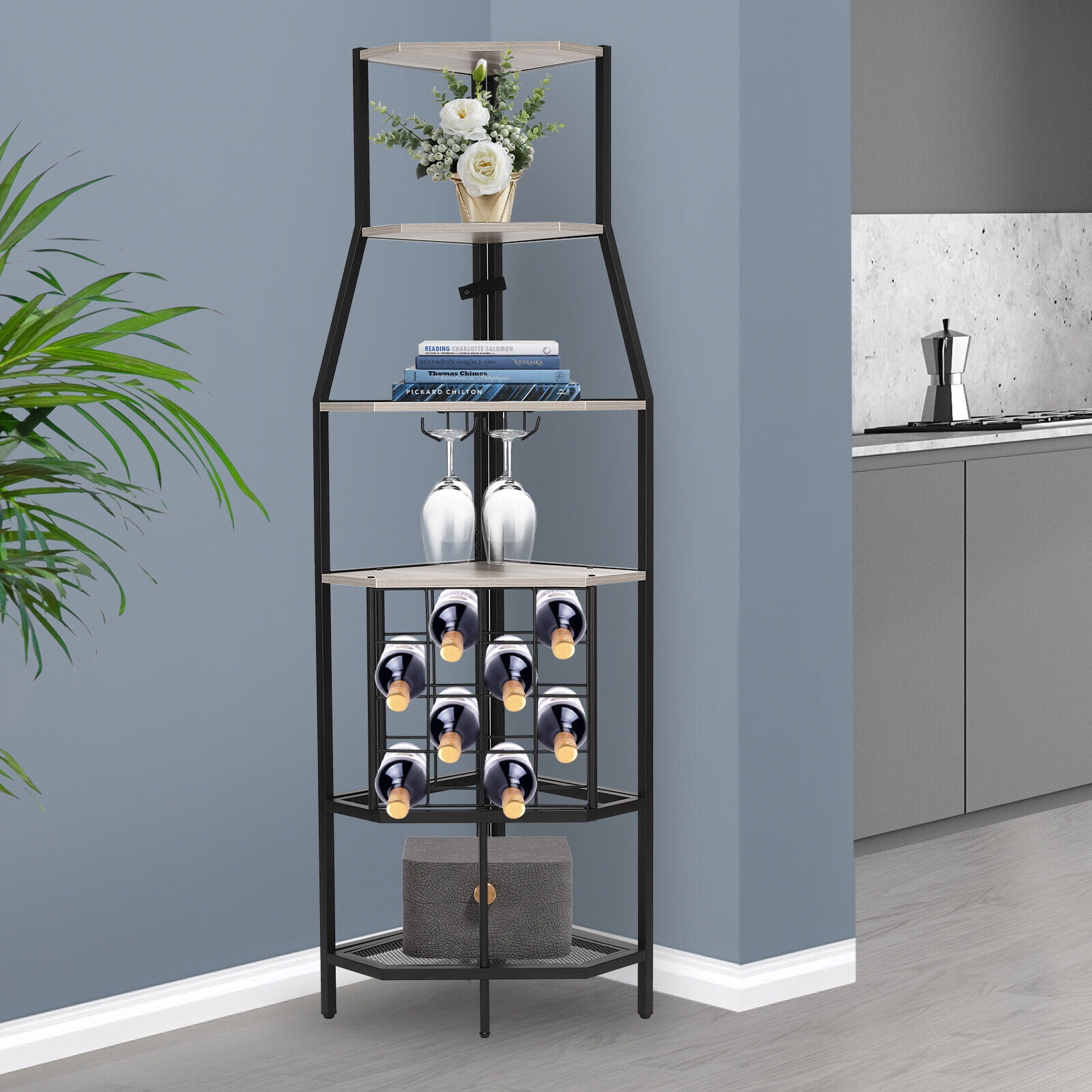 5-Tier Corner Wine Rack With Glass Holder - Freestanding Brown Storage Cabinet - View #5