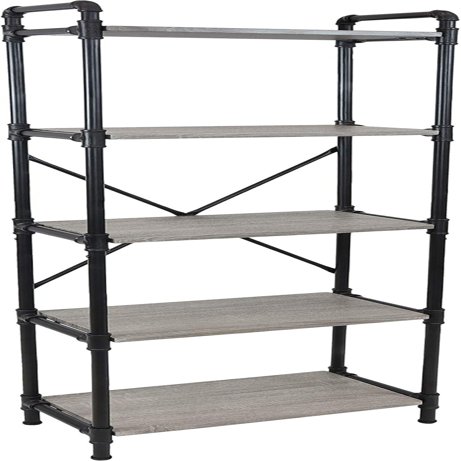 5-Tier Freestanding Industrial Bookshelf - Black Pipe Style Frame with ...