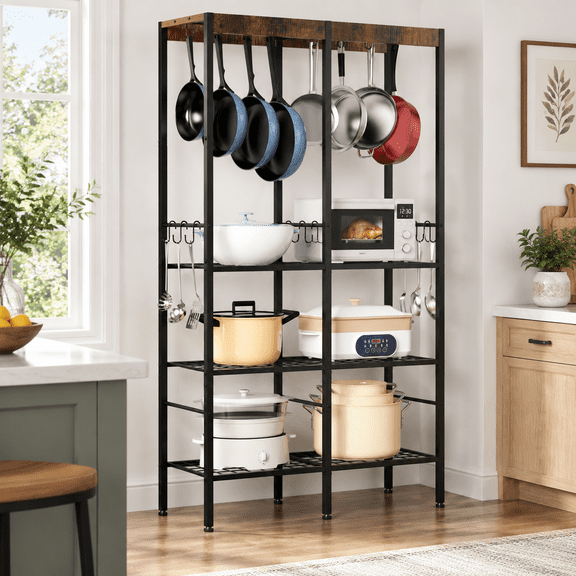 5 Tier Freestanding Pot Rack with Hanging Rod, Heavy Duty Metal Kitchen Organizer