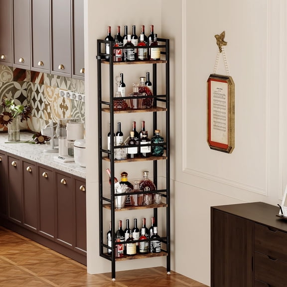 5-Tier Freestanding Wine Rack, 60 Bottles Wine Racks for Wall Mounted, Wines Bottle Holder Display Shelf with Fences, Liquor Storage for Kitchen, Dining Room, Bar (Rustic Brown)