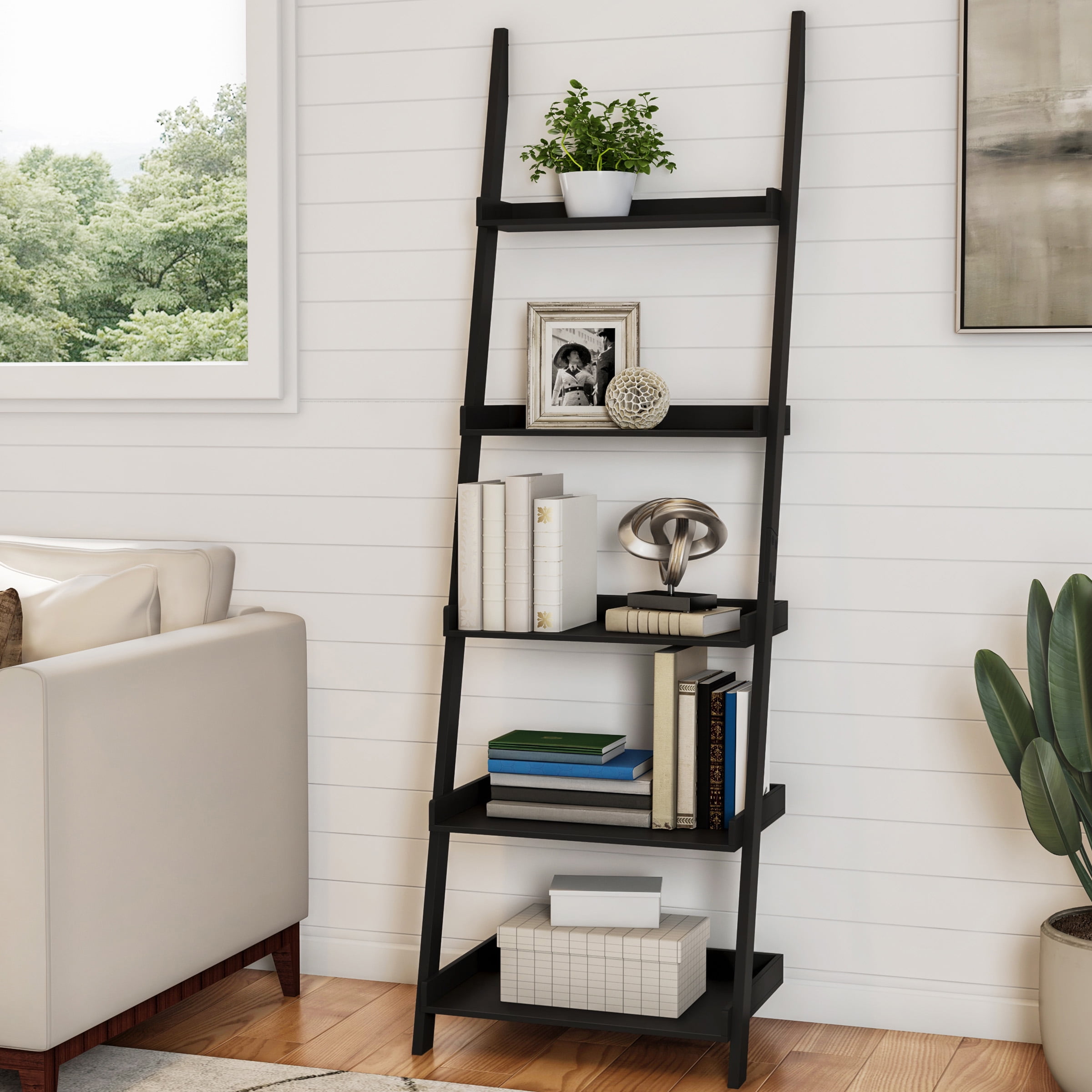 5 Tier Freestanding Wood Ladder Bookshelf for Storage Black