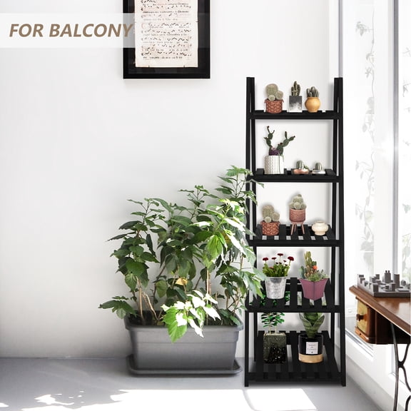 5-Tier Freestanding Wooden Ladder Shelf, Hardwood Storage and Display Rack for Balcony, Window, Garden, Living Room, or Patio