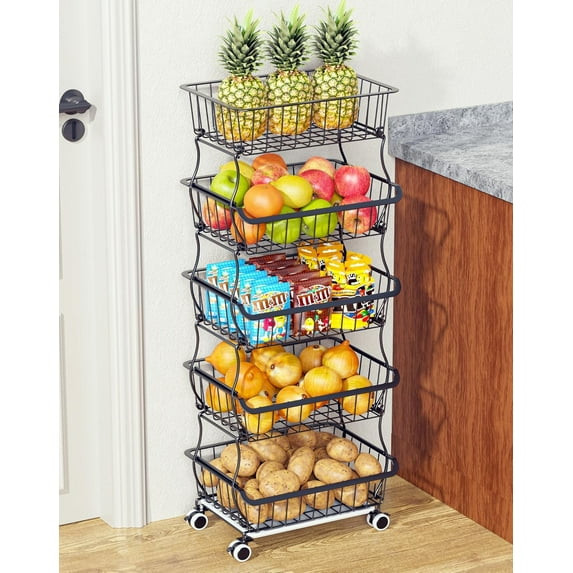 5 Tier Fruit Basket for Kitchen, Stackable Bins Wire Rack with Wheels, Fruit and Vegetable Storage Basket Pantry Food Snack Organizer Shelf, Kitchen Storage Cart for Onion and Potato, Produce