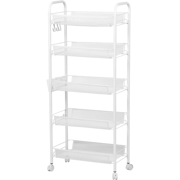 5 Tier Fruit Basket Kitchen Storage Cart,Stackable & Detachable Fruit and Vegetable Basket,Vegetable Stand Cart Rack with Wheels, Metal Mesh and Wire Storage Basket for Onions and Potatoes White 5-L