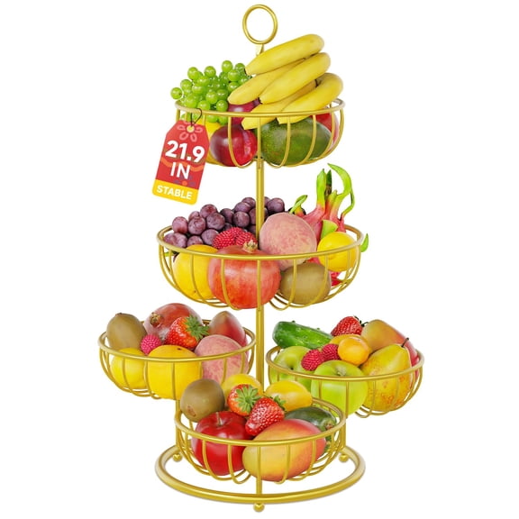 5 Tier Fruit Basket Stand for Counter, Kitchen Tall Tiered Fruit Bowl Organizer for Dining Table Countertop, Multi Level Fresh Produce and Vegetable Holder Rack, Sturdy Metal Wire, Gold