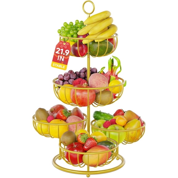 5 Tier Fruit Basket Stand for Counter, Kitchen Tall Tiered Fruit Bowl Organizer for Dining Table Countertop, Multi Level Fresh Produce and Vegetable Holder Rack, Sturdy Metal Wire, Gold