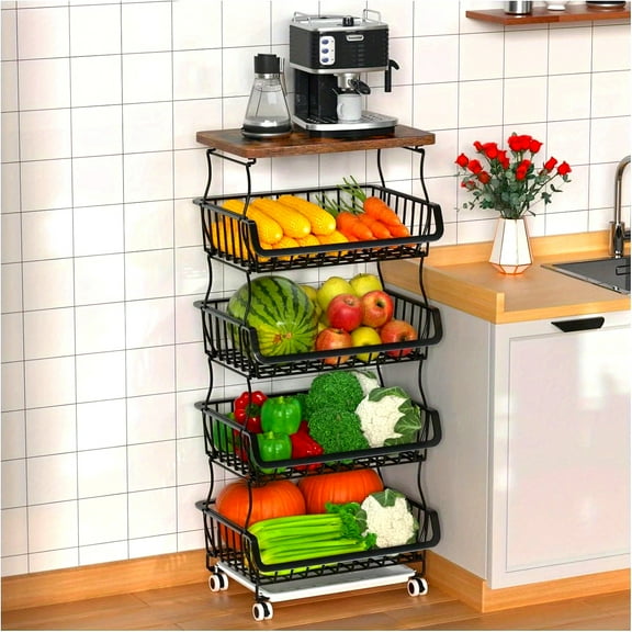 5 Tier Fruit Basket for Kitchen Organizers and Storage, Stackable Metal Wire Basket Stand Cart with Wheels for Fruit Vegetable
