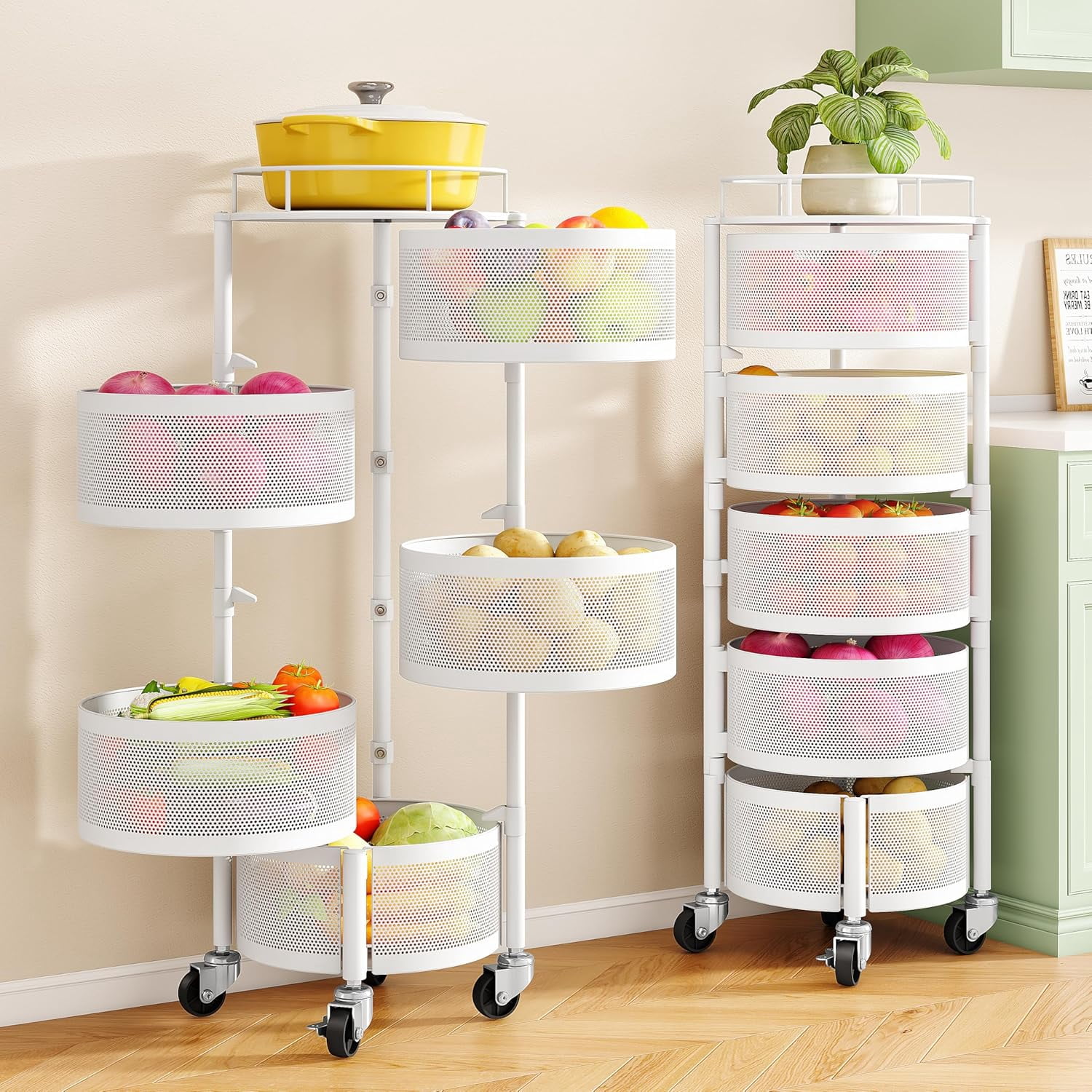 5-Tier Fruit and Vegetable Basket Bowls for Kitchen, Rotating, White ...