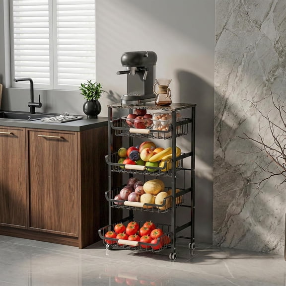 5-Tier Fruit Vegetable Storage Cart with Wood Top, Rolling Kitchen Basket Organizer with Ergonomic Wood Handle & Wheels for Snacks Produce, Heavy Duty Metal Vianderos para Cocina Modernos, Black