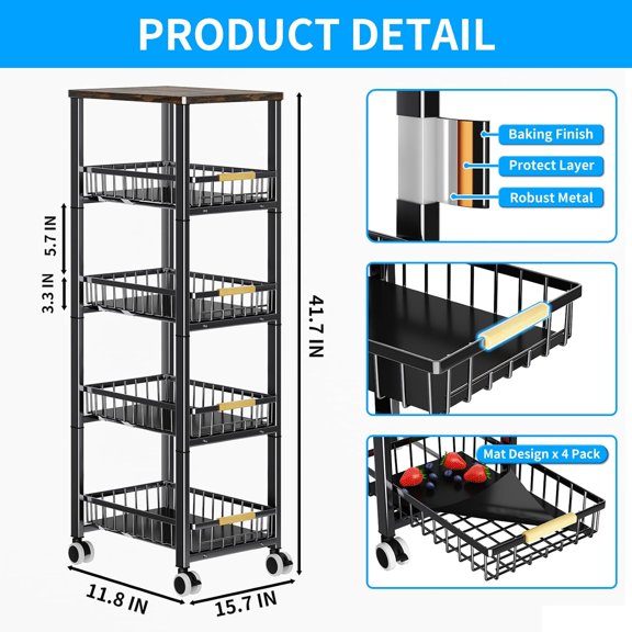5-Tier Fruit Vegetable Storage Cart with Wood Top and Pull-Out Baskets, Large Kitchen Rolling Rack with Mats and Wheels