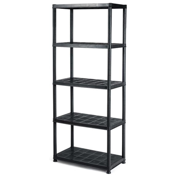 5-Tier Garage Shelving Unit, Plastic with 4 Wall Brackets, Heavy Duty Shelf Organizer for Indoor and Outdoor, Black (1, 36L X 18W X 73H)
