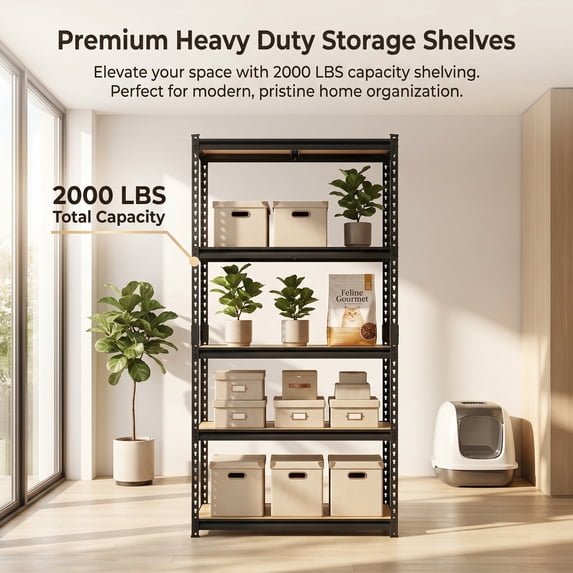 5-Tier Garage Storage Shelves, 2000 lbs Heavy Duty Metal Shelving Unit with Adjustable MDF Boards, 71 in H x 35.5 in W x 15.8 in D, Black