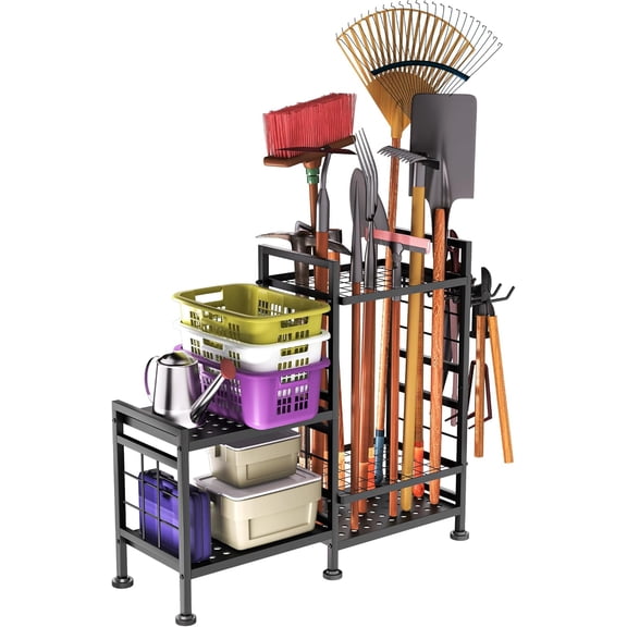 5 Tier Garden Tool Organizer, Metal Yard Tools Storage Rack, Garage Storage and Organization, Heavy Duty Garden Tool Organizer for Garage, Yard, Patio, Shed, Indoors and Outdoors, Black