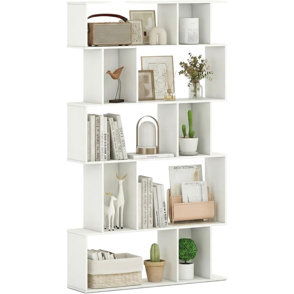 5-Tier Geometric Bookcase, S-Shaped Bookshelf with 10 Open Storage Cubes, Modern Room Divider Shelves, 62 Tall Decorative Display Shelf for Living Room Home Office