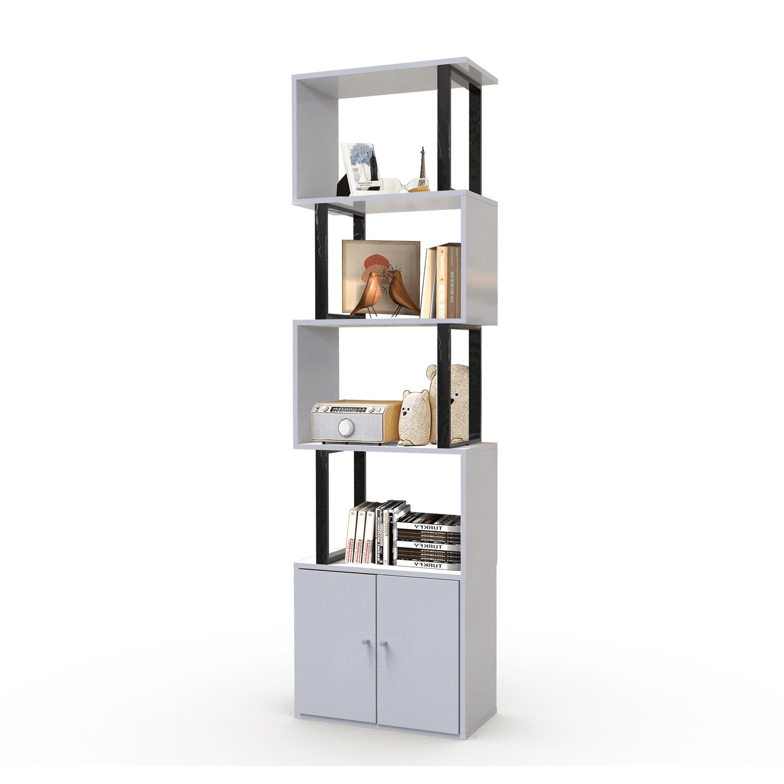 5 Tier Geometric Bookcase,S Shaped Bookshelf with Canbinet, Wood ...