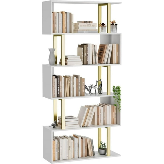 5 Tier Geometric Bookcase,S Shaped Bookshelf, Wood Decorative Storage Shelving, Modern Freestanding Display Shelves, Tall Book Shelf Unit for Living Room Bedroom, Gold