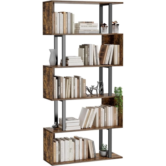 Kuublock 5-Tier Geometric Bookcase S Shaped Bookshelf Modern Rustic Brown Wood Freestanding 62 Inch Tall