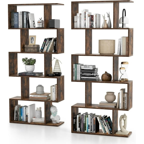 5-Tier Geometric Bookcase Set of 2, 62.5” Freestanding Room Divider Bookshelf with Open Display Shelves & Anti-tip Device, Wood S-Shaped Storage Organizer for Living Room, Bedroom & Home Office