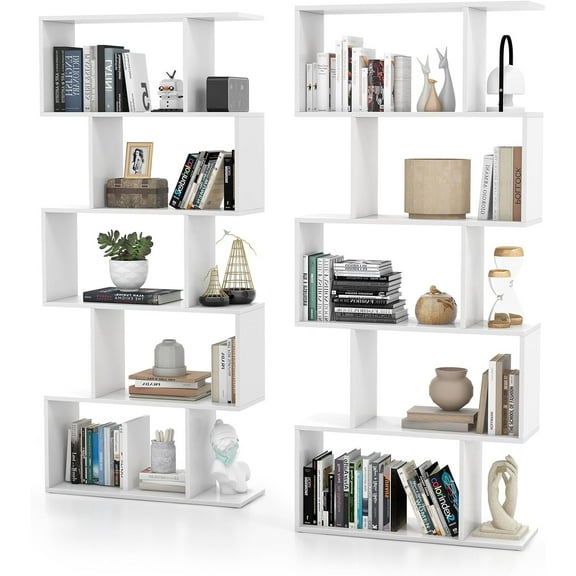 5-Tier Geometric Bookcase Set of 2, 62.5” Freestanding Room Divider Bookshelf with Open Display Shelves & Anti-tip Device, Wood S-Shaped Storage Organizer for Living Room, Bedroom & Home Office