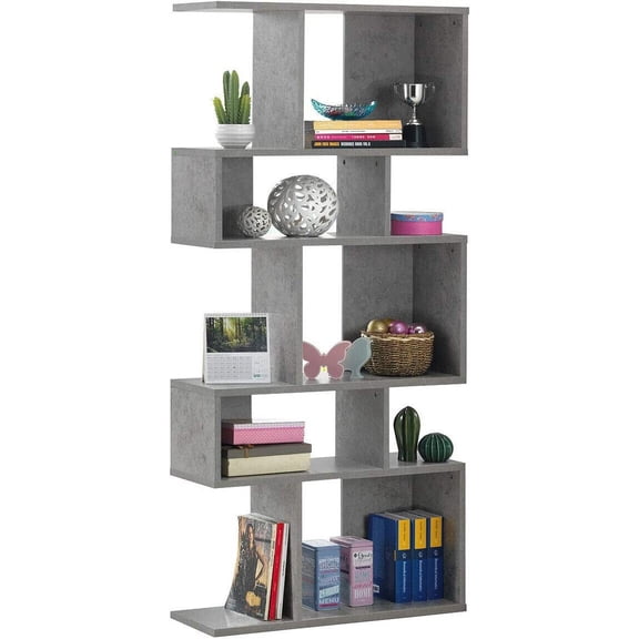 5-Tier Geometric Bookshelf, 70" Tall Wood Freestanding Decorative Display Open Shelves with Anti-Tipping Device, Each Shelf Holds up to 44 lbs, Wooden S Shaped Bookcase, Gray