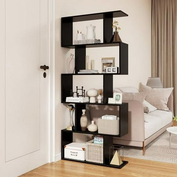 SILKYDRY 5-Tier Geometric Bookshelf, Freestanding Room Divider Bookcase, S-Shaped Decorative Storage Shelving, 62.5" Tall Display Book Shelf for Bedroom, Living Room (1, Black)