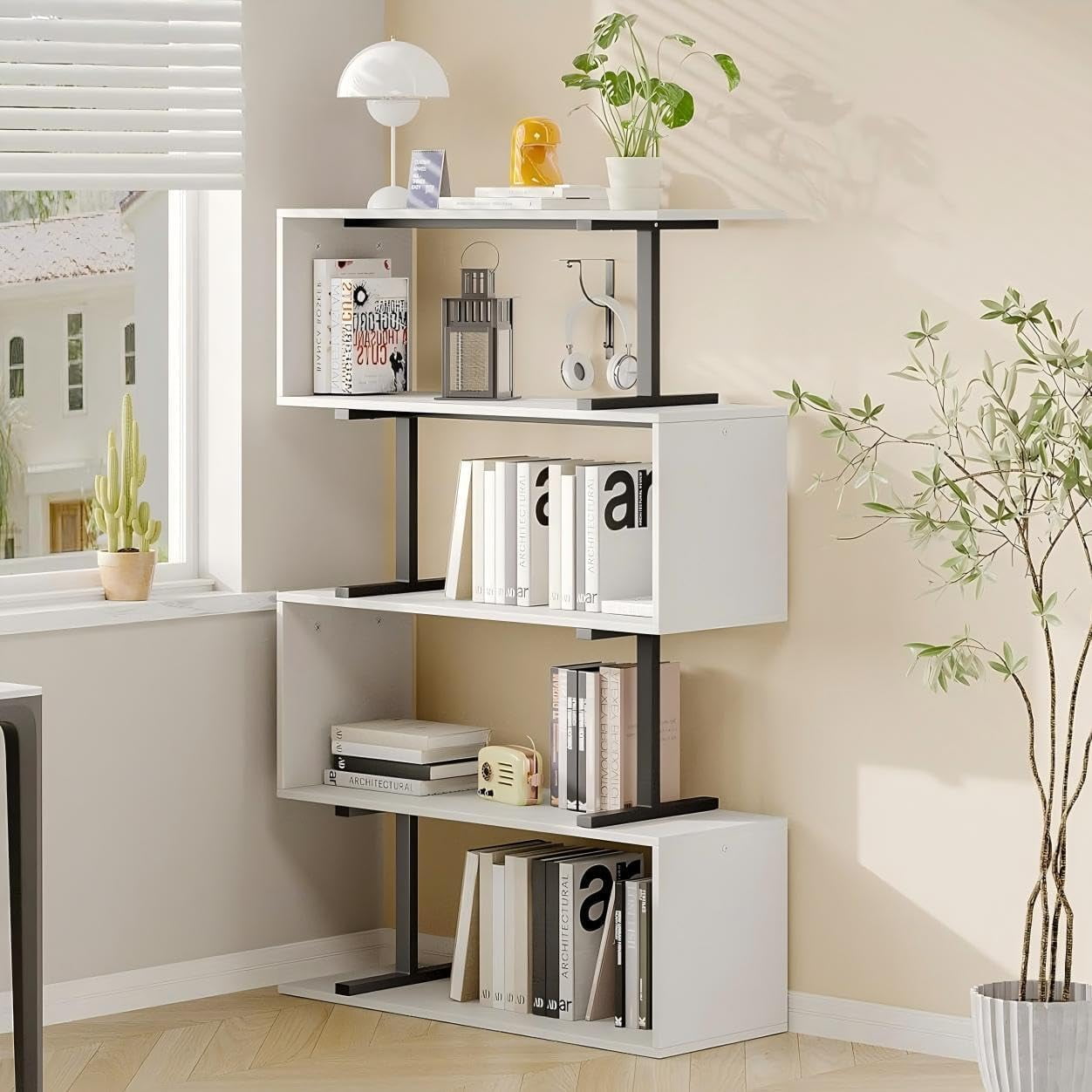 CRTERICX 5-Tier S-Shaped Acrylic Bookcase - 49.2"H X 22.4"W Modern Clear Geometric Shelf For Living Room, Bedroom, Office