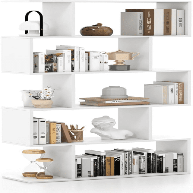 5Tier Geometric Bookshelf S Shaped Bookcase w/AntiToppling Device