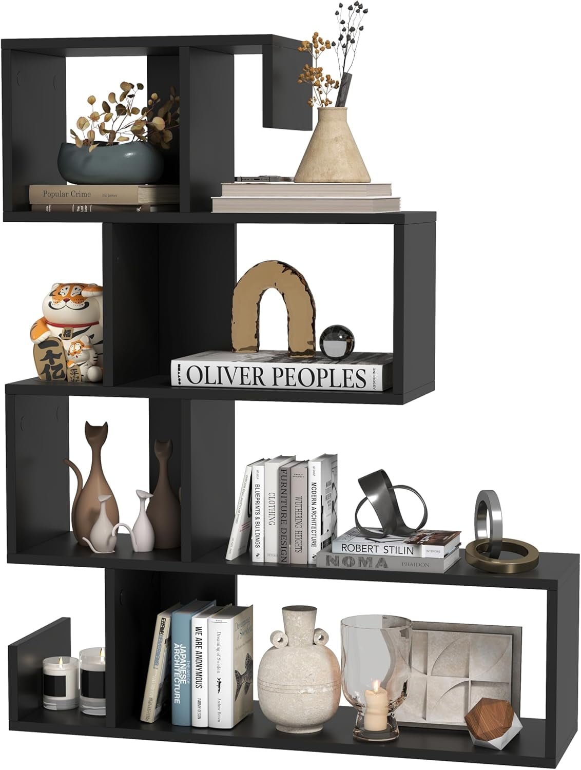 Gymax 6-Tier S-Shaped Modern Bookshelf, White Bookcase with