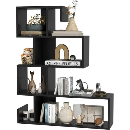 5 Tier Geometric Bookshelf, S-Shaped Z Shelf Bookshelves and Bookcases, Modern Decorative Storage Shelving, Wooden Display Bookcase for Living Room Home Office (Black)