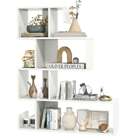 5 Tier Geometric Bookshelf, S-Shaped Z Shelf Bookshelves and Bookcases, Modern Decorative Storage Shelving, Wooden Display Bookcase for Living Room Home Office (White)