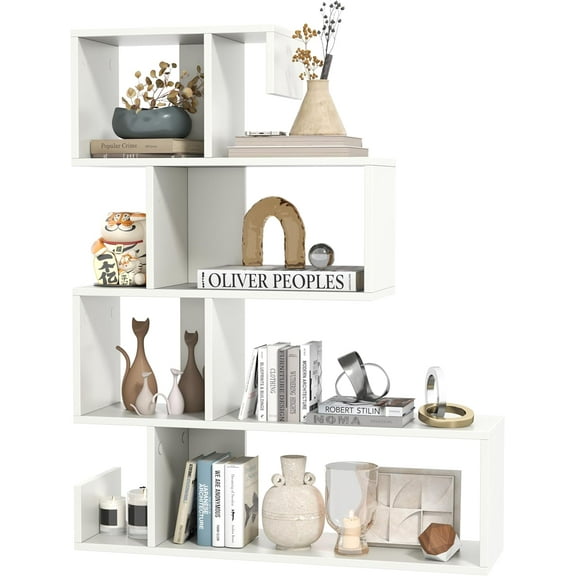 5 Tier Geometric Bookshelf, S-Shaped Z Shelf Bookshelves and Bookcases, Modern Decorative Storage Shelving, Wooden Display Bookcase for Living Room Home Office (White)