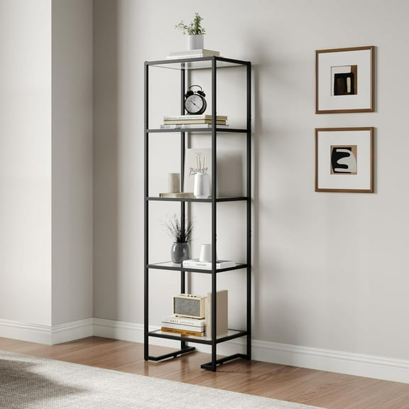 5-Tier Glass Bookshelf, Tempered Glass Display Shelf, Modern Open Shelf Bookshelf, Slim Shelving Unit Bookcase for Living Room, Home Office, Bedroom, Black