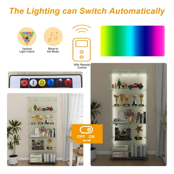 5-Tier Glass Display Cabinet with 5 Dynamic LED Modes - Double-Door Floor-Standing Showcase with Fixed Shelves for Home/Office/Store