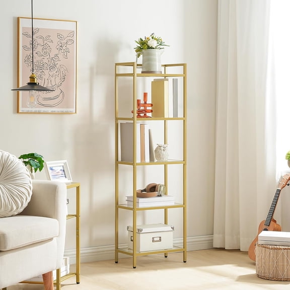 5-Tier Gold Corner Bookshelf with Glass Shelves, Narrow Display Cabinet for Small Spaces