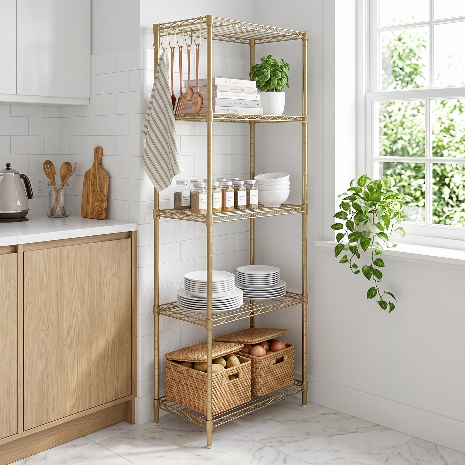5-Tier Gold Shelving Unit, Adjustable Layer Spacing Iron Display Rack, High-Gloss Powder Coated Storage Shelf with Adjustable Feet, Slim Vertical Organizer for Home Living Room Boutique Retail